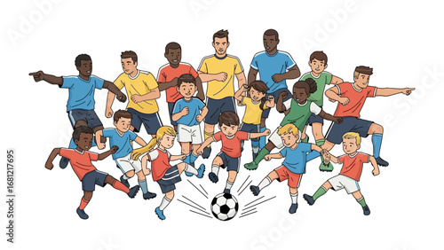 Dynamic Soccer Action: Illustrative representation of a dynamic soccer game, capturing the energy of a match with players strategizing and competing for the ball