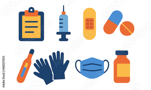 Flat medical icons: syringe, thermometer, pills, and more