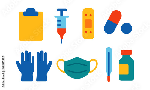 Colorful flat medical supplies icons with mask, syringe, and pills