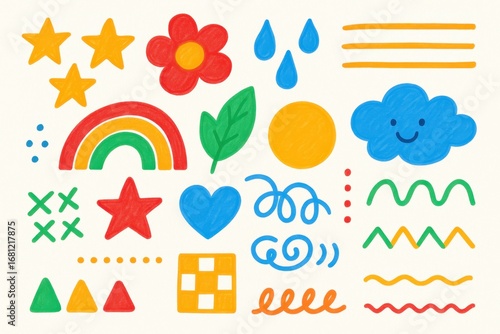 Playful children's doodle art collection featuring colorful line drawings and minimalist design elements for creative educational applications
