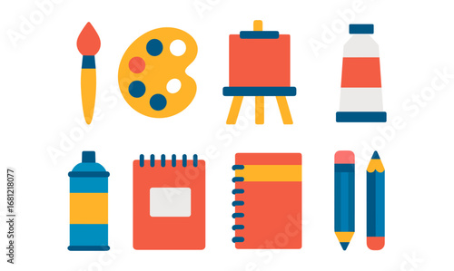 Set of colorful art and craft supplies icons in flat design style