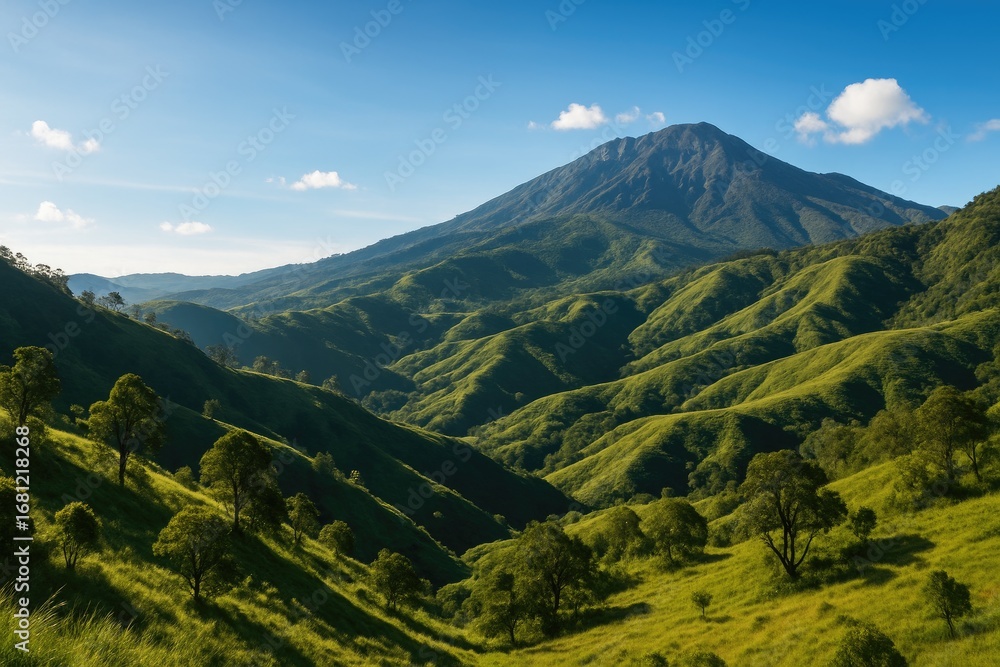 Naklejka premium Sunny January afternoon over the rolling valleys of Mount Lawu in Central Java