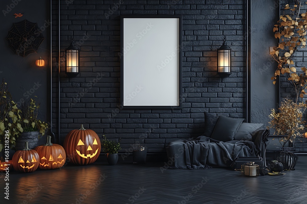 Obraz premium Spooky Halloween scene with glowing jack-o'-lanterns and cozy seating, perfect for festive decor