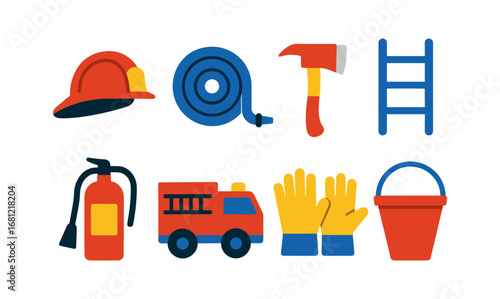 Essential firefighting equipment in simple flat design