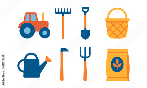 Colorful farming tools and equipment icons for agriculture design