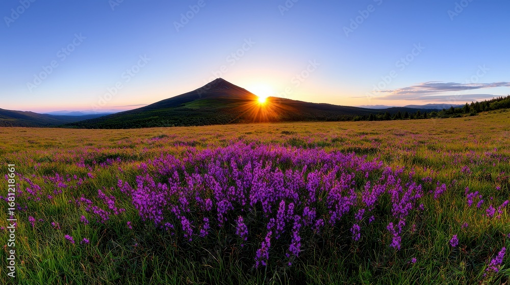 Fototapeta premium A breathtaking summer landscape showcasing a blossoming meadow at sunrise, filled with vibrant colors and tranquil scenery.