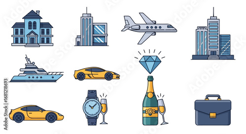 Set of colorful flat line icons representing luxury lifestyle, wealth, and success symbols like jets, yachts, cars, and diamonds.