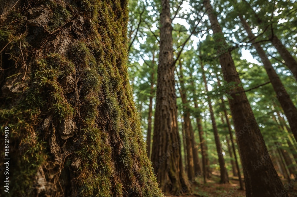 Obraz premium Close-up of moss-covered tree bark texture
