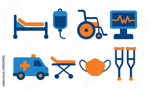 Medical equipment flat icons featuring ambulance, wheelchair, bed, mask, and monitor