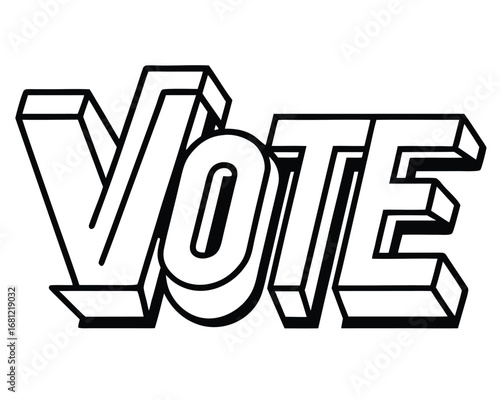 Bold 3d block lettering of the word vote in black and white