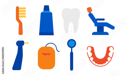 Dental care icons set: essentials of oral hygiene in flat design