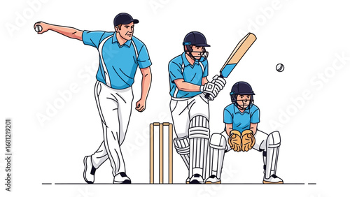 Cricket Action Illustration: A dynamic illustration capturing a moment of a cricket game, with a bowler in mid-throw, a batsman poised to strike, and a wicket-keeper ready to catch the ball.
