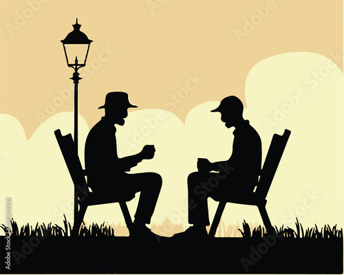 Two People Playing Cards on Park Benches