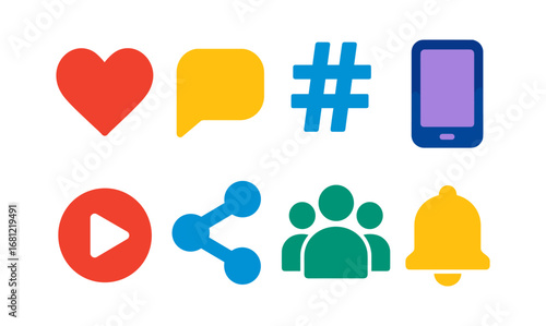 Colorful social media icons set including heart, chat bubble, hashtag, and smartphone symbols