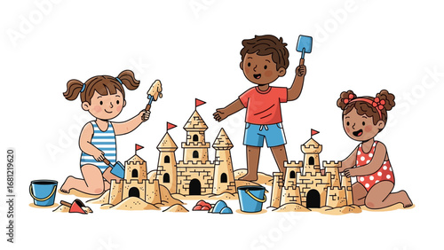 Kids Building Sandcastles: Captivating illustration of kids building sandcastles, embodying childhood creativity and joy under the sun. 