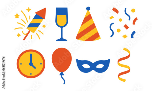 Festive celebration elements: flat style party icons for events and holidays