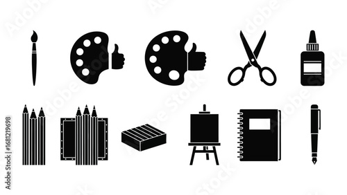 Art Supplies Silhouette: A minimalist, high-contrast silhouette, of essential art tools, art supplies with artistic tools, capturing a spectrum of creative expression.