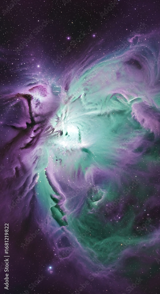 Obraz premium Cosmic nebula image, showcasing swirling purple and green gas clouds, interspersed with stars, representing the vastness and beauty of space, ideal for astronomy or fantasy themes