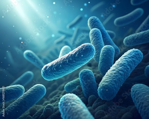 Microscopic view of rod shaped bacteria under blue light with sunbeams