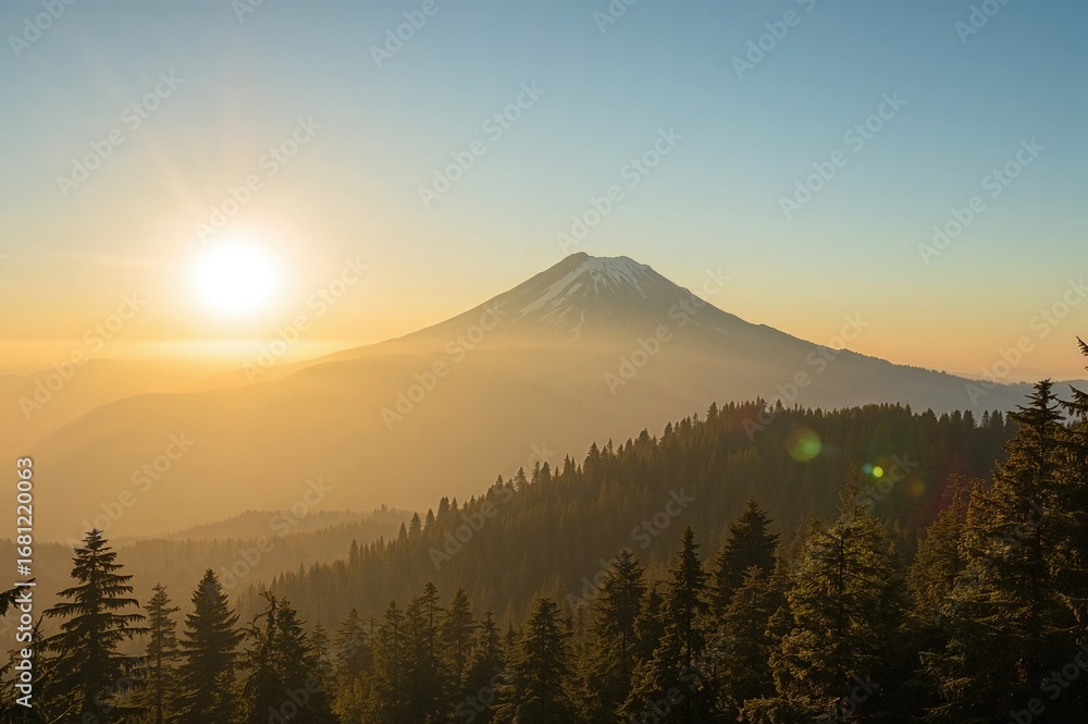 Fototapeta premium Golden hues of dawn over a scenic mountain landscape with trees and natural beauty