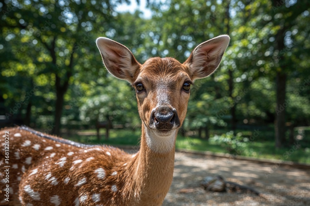 Fototapeta premium Young spotted deer in a natural forest setting, adorable and beautiful wildlife in a park environment