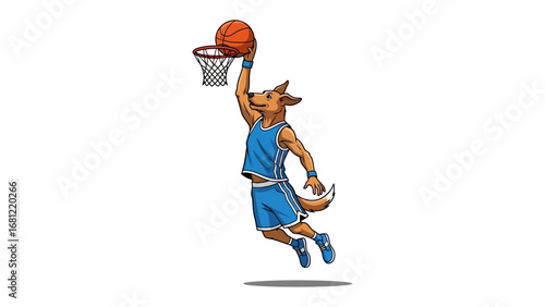 Slam Dunk Champion: An animated, anthropomorphic dog demonstrates athletic prowess with a thrilling slam dunk, epitomizing sportsmanship and skill.