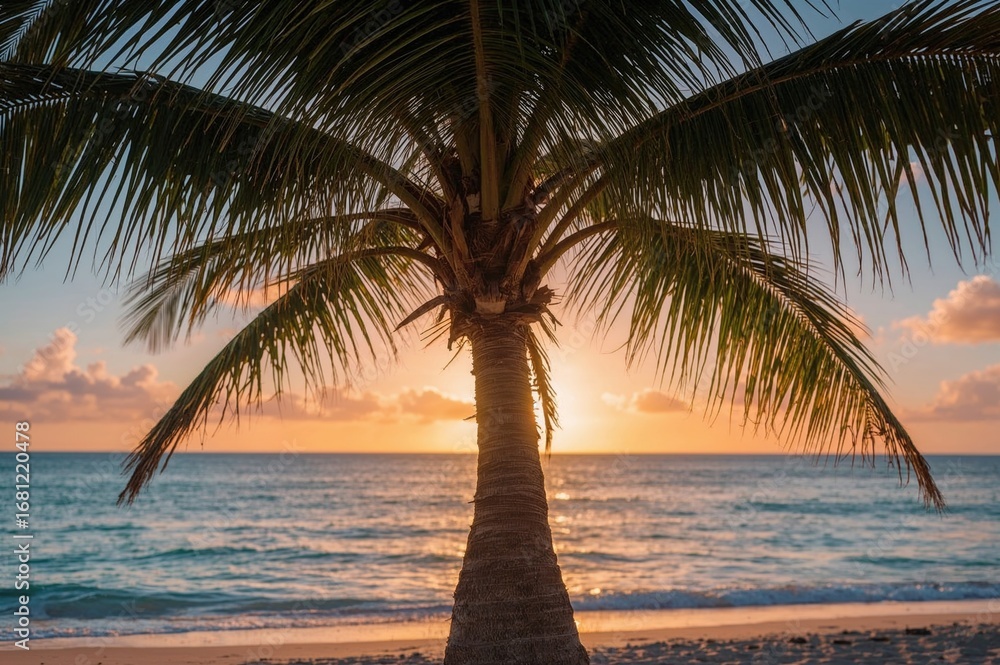 Fototapeta premium Tropical beach palm tree outline during sunset hours