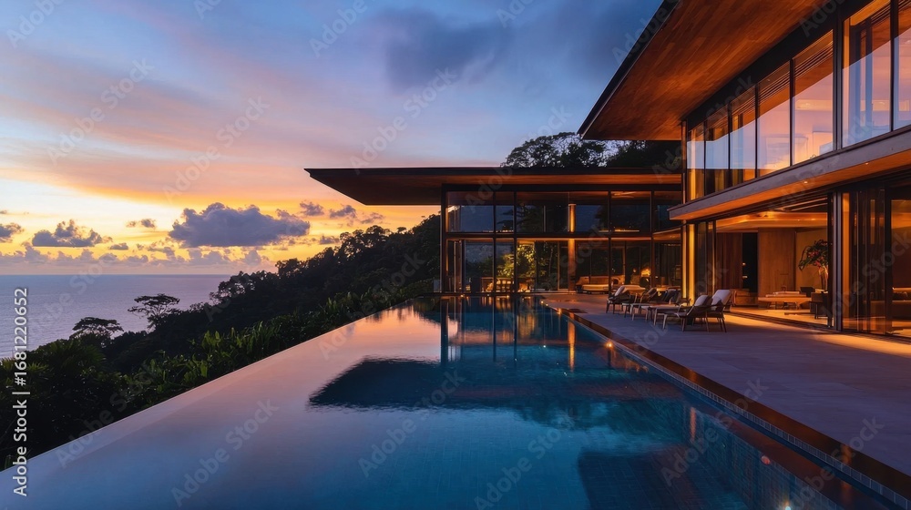 Fototapeta premium Modern luxury villa with infinity pool and panoramic ocean view at sunset. Concept of exotic vacation resort and high end real estate.