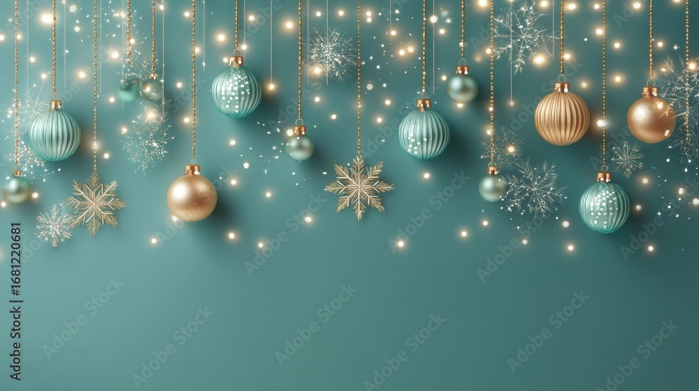 Fototapeta premium Christmas and new year ornaments with elegant gold and mint color balls for festive holiday celebration background or greeting card design.