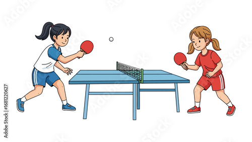 Table Tennis Showdown: Two animated girls engaged in a thrilling ping pong match, demonstrating energy and excitement with paddles and a small white ball over a table.