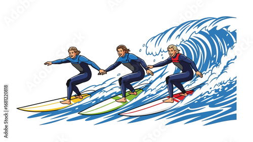 Riding the Waves: A vibrant illustration captures the energy of three surfers, expertly navigating a cresting wave. Each surfer, poised in perfect balance, demonstrates skill and enthusiasm.