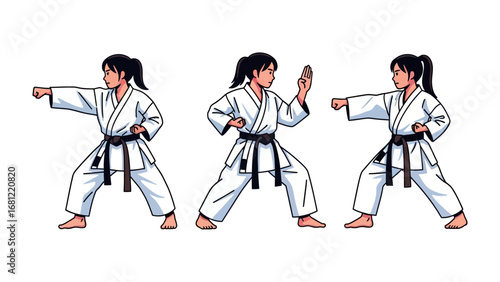 Karate Demonstration: Dynamic poses showcase a Karateka in mid-action, ready to execute swift moves in a martial art display, with elegant forms in vector illustration style.