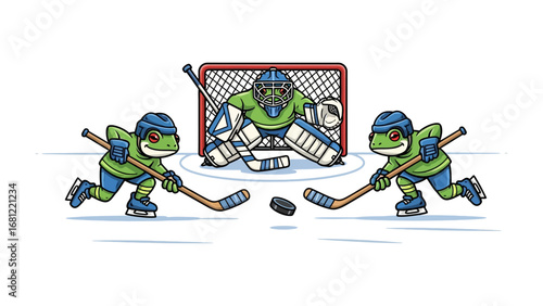Hockey Frogs: A whimsical cartoon of frogs playing ice hockey, showcasing a goalie, two players and the puck on the ice. A delightful illustration capturing the fun of hockey.