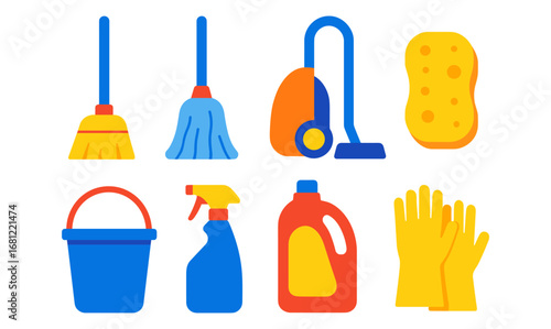 Colorful flat icons of cleaning tools: broom, mop, vacuum, sponge, bucket, spray bottle, detergent, gloves