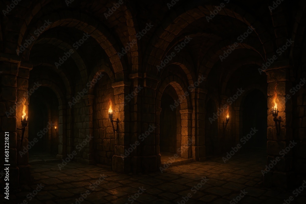 Obraz premium Fantasy medieval castle interior with stone corridors and mystical torch lighting