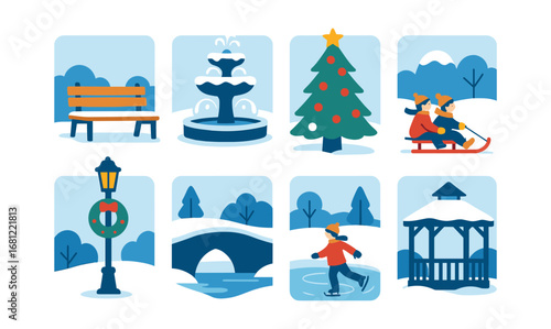 Winter scenes collection: ice skating, sleigh, park bench, and holiday decor in flat design