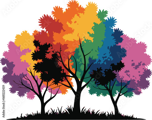 A collection of four bright colorful flower tree paintings