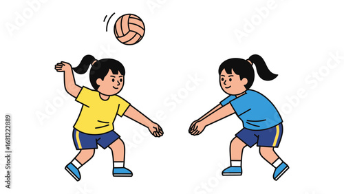 Volleyball Game Illustration: Capturing a moment of teamwork and active play, this image showcases two children engaged in a lively game of volleyball. The scene, brimming with energy and motion.
