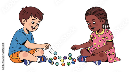 Playful Friendship: Two children, immersed in a game, their faces alight with curiosity and joy as they gather colorful marbles.