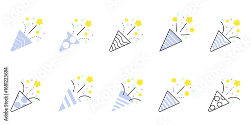 Cute party popper confetti set illustration set. confetti icon, explosion, firecracker,  celebration. Vector drawing. Hand drawn style.