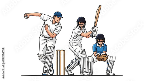Cricket Action: A dynamic illustration captures the essence of cricket, featuring a bowler mid-delivery, a batsman poised to strike, and a wicket-keeper ready behind the stumps.