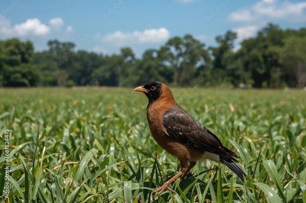 Fototapeta premium A Myna Bird Standing on Lush Grass