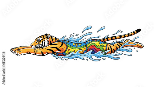 Tiger in Swim: A vibrant tiger with colorful pattern, immersed in a pool of sparkling water, gracefully swimming in a dynamic illustration.