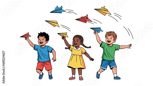Soaring Ambitions: A group of diverse children joyfully launching paper airplanes, symbolizing freedom and aspiration, creating an image of carefree play and limitless possibilities.
