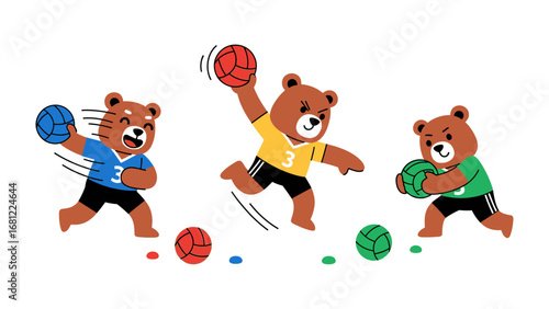 Playful Bears Engaged in Sport: Adorable cartoon bear characters engaging in an exciting handball match, each with a playful expression, showcasing energy and the thrill of teamwork. 