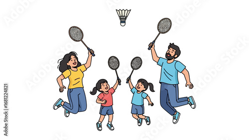 Family Fun with Shuttlecock: An animated depiction of a family enthusiastically playing badminton, the shuttlecock soaring high above.