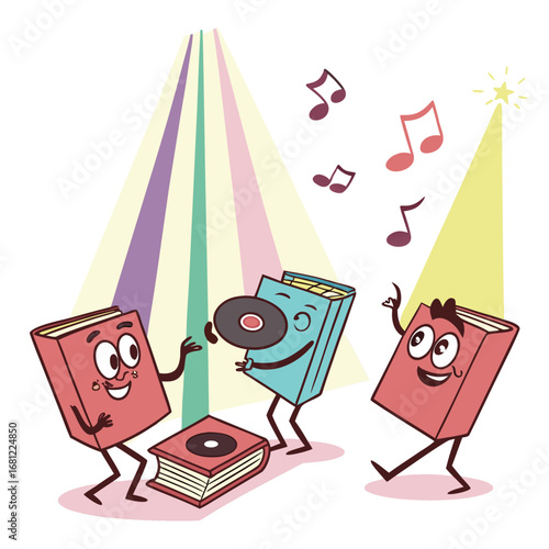 Vector illustration of Cartoon Books Dancing and Listening to Music with Records