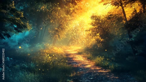 Dreamy Pathway Through a Magical Glowing Forest at Twilight.