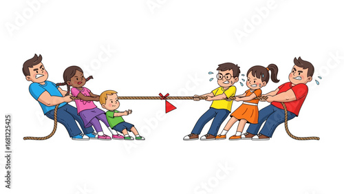 Tug-of-War : A lively cartoon depiction of a spirited tug-of-war between two teams. showcasing their effort, competition, and the strength of teamwork.