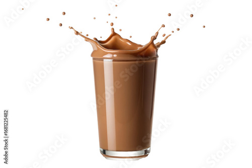 Chocolate milk splash in tall glass isolated on transparent background